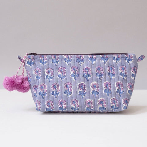 Hand-Blocked Printed Cotton Makeup Pouch - Malin Periwinkle