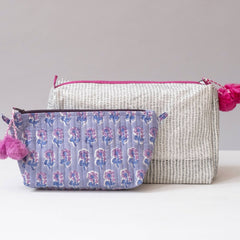 Hand-Blocked Printed Cotton Makeup Pouch - Malin Periwinkle