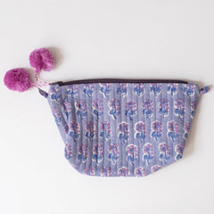 Hand-Blocked Printed Cotton Makeup Pouch - Malin Periwinkle