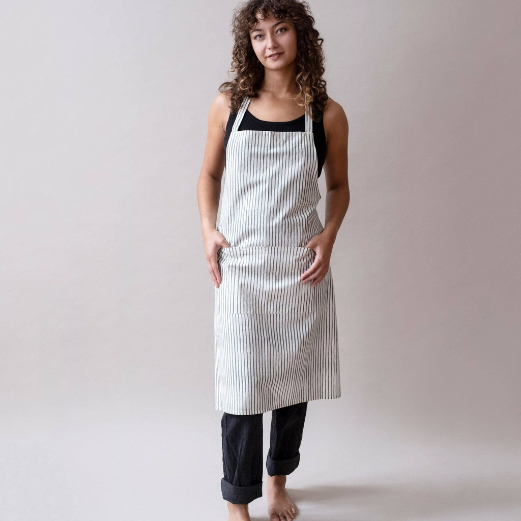 Hand-Blocked Printed Cotton Apron- Stripes Moss