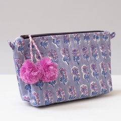 Hand-Blocked Printed Cotton Makeup Pouch - Malin Periwinkle