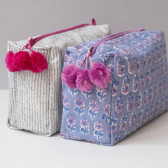 Hand-Blocked Printed Cotton Toiletry/Cosmetic Bags - Malin Periwinkle