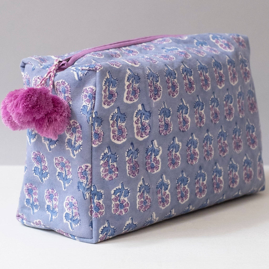 Hand-Blocked Printed Cotton Toiletry/Cosmetic Bags - Malin Periwinkle