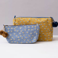 Hand-Blocked Printed Cotton Toiletry/Cosmetic Bags - Basti Mustard
