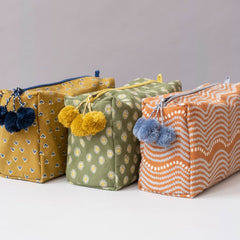 Hand-Blocked Printed Cotton Toiletry/Cosmetic Bags - Rosa Moss