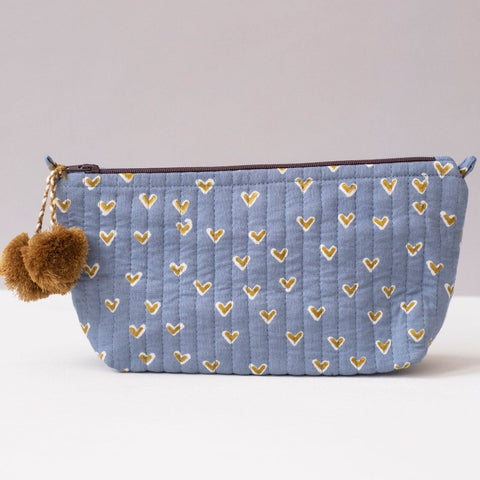 Hand-Blocked Printed Cotton Makeup Pouch - Basti Sky