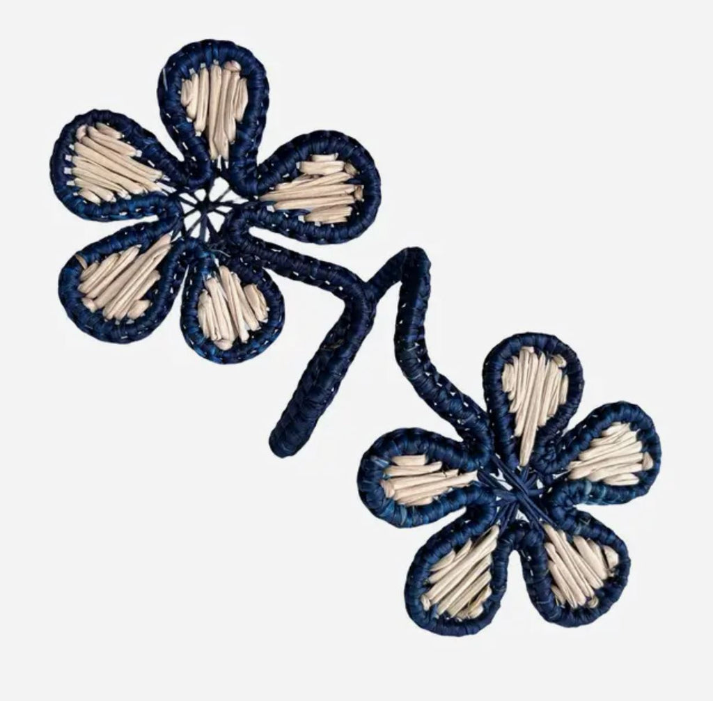 Rolled Flower Palm Napkin Rings Set - Navy/Natural