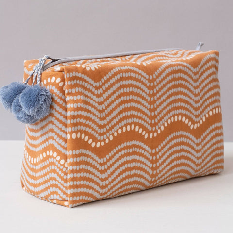 Hand-Blocked Printed Cotton Toiletry/Cosmetic Bags - Pumpkin Waves