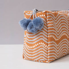 Hand-Blocked Printed Cotton Toiletry/Cosmetic Bags - Pumpkin Waves
