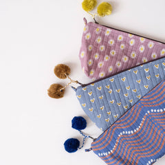 Hand-Blocked Printed Cotton Makeup Pouch - Basti Sky