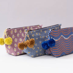 Hand-Blocked Printed Cotton Makeup Pouch - Waves Royal