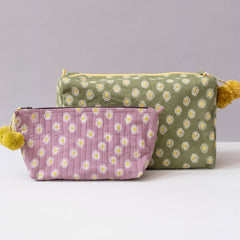 Hand-Blocked Printed Cotton Toiletry/Cosmetic Bags - Rosa Moss