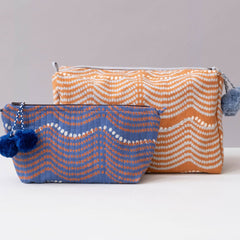 Hand-Blocked Printed Cotton Makeup Pouch - Waves Royal