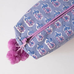 Hand-Blocked Printed Cotton Toiletry/Cosmetic Bags - Malin Periwinkle
