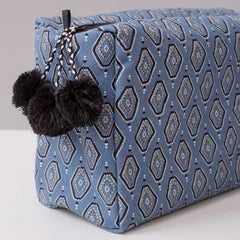 Hand-Blocked Printed Cotton Toiletry/Cosmetic Bags - Beni Blue