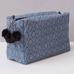 Hand-Blocked Printed Cotton Toiletry/Cosmetic Bags - Beni Blue