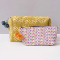 Hand-Blocked Printed Cotton Toiletry/Cosmetic Bags - Cam Golden