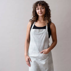 Hand-Blocked Printed Cotton Apron- Stripes Moss