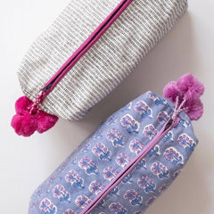Hand-Blocked Printed Cotton Toiletry/Cosmetic Bags - Malin Periwinkle