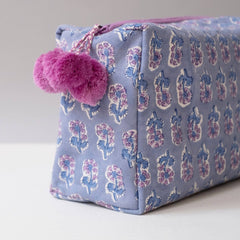 Hand-Blocked Printed Cotton Toiletry/Cosmetic Bags - Malin Periwinkle