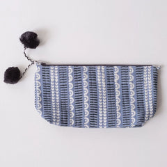 Hand-Blocked Printed Cotton Makeup Pouch - Javie Cloud Navy