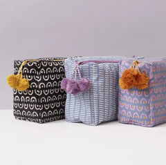 Hand-Blocked Printed Cotton Toiletry/Cosmetic Bags - Lua Black and White