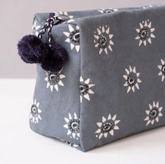 Hand-Blocked Printed Cotton Toiletry/Cosmetic Bags - Navi Ocean