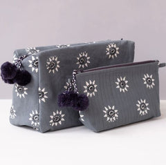Hand-Blocked Printed Cotton Toiletry/Cosmetic Bags - Navi Ocean