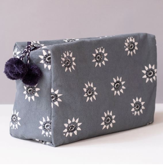Hand-Blocked Printed Cotton Toiletry/Cosmetic Bags - Navi Ocean