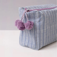 Hand-Blocked Printed Cotton Toiletry/Cosmetic Bags - Pontis Stripes Cloud