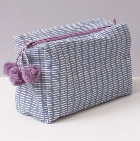 Hand-Blocked Printed Cotton Toiletry/Cosmetic Bags - Pontis Stripes Cloud