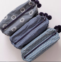 Hand-Blocked Printed Cotton Toiletry/Cosmetic Bags - Navi Ocean