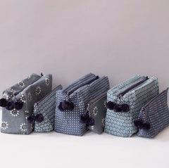 Hand-Blocked Printed Cotton Toiletry/Cosmetic Bags - Navi Ocean