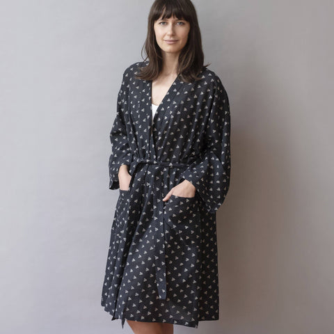 Hand-Blocked Printed Cotton Robe -  Kako Black