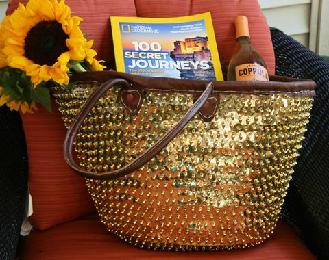 Gold Sequin Large Market Basket With Leather Top & Handles
