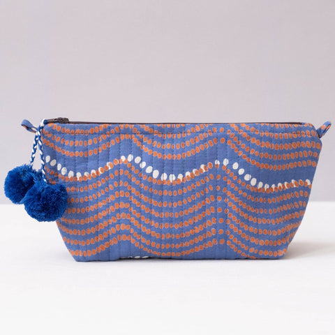 Hand-Blocked Printed Cotton Makeup Pouch - Waves Royal