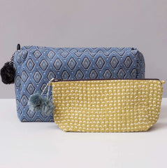 Hand-Blocked Printed Cotton Toiletry/Cosmetic Bags - Beni Blue