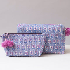 Hand-Blocked Printed Cotton Toiletry/Cosmetic Bags - Malin Periwinkle