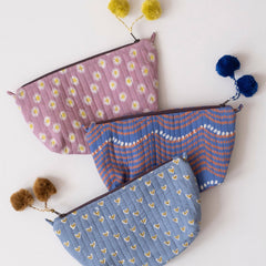 Hand-Blocked Printed Cotton Makeup Pouch - Basti Sky