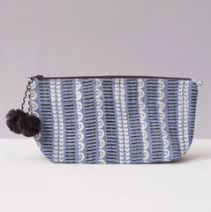 Hand-Blocked Printed Cotton Makeup Pouch - Javie Cloud Navy