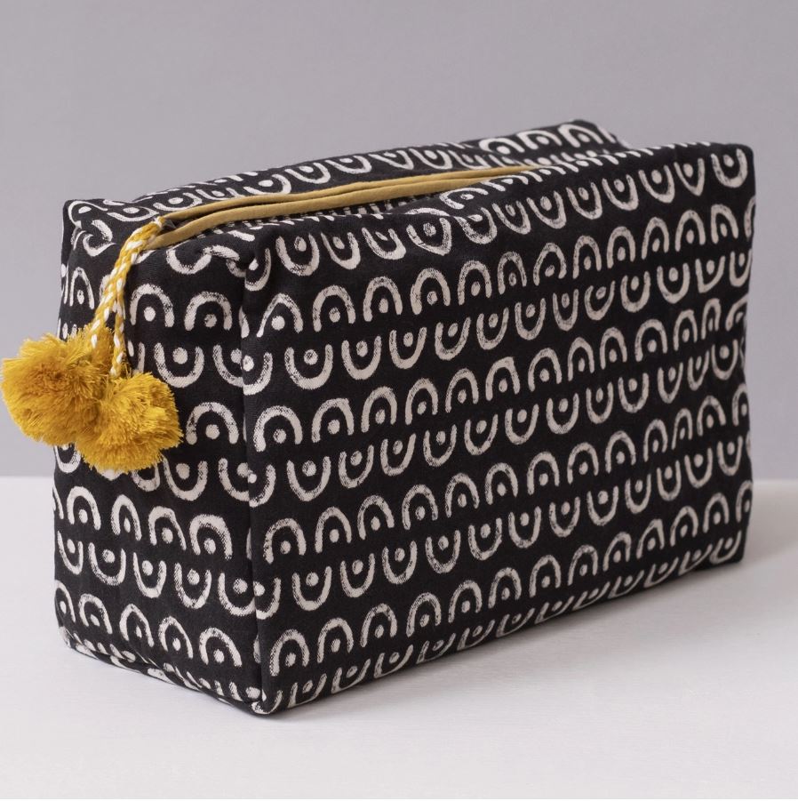 Hand-Blocked Printed Cotton Toiletry/Cosmetic Bags - Lua Black and White