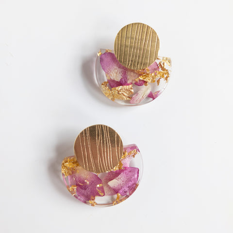 Sustainable Plant Based Eco-Resin Medium Half Moon w-Gold Leaf Accent Earrings - Botanicals