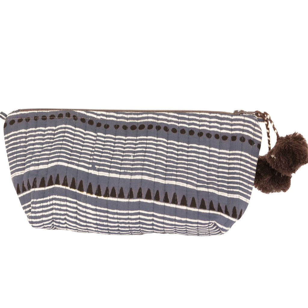 Hand-Blocked Printed Cotton Makeup Pouch - Laya Blue
