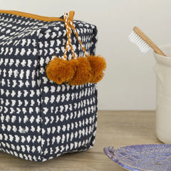 Hand-Blocked Printed Cotton Toiletry/Cosmetic Bags - Navy Dot